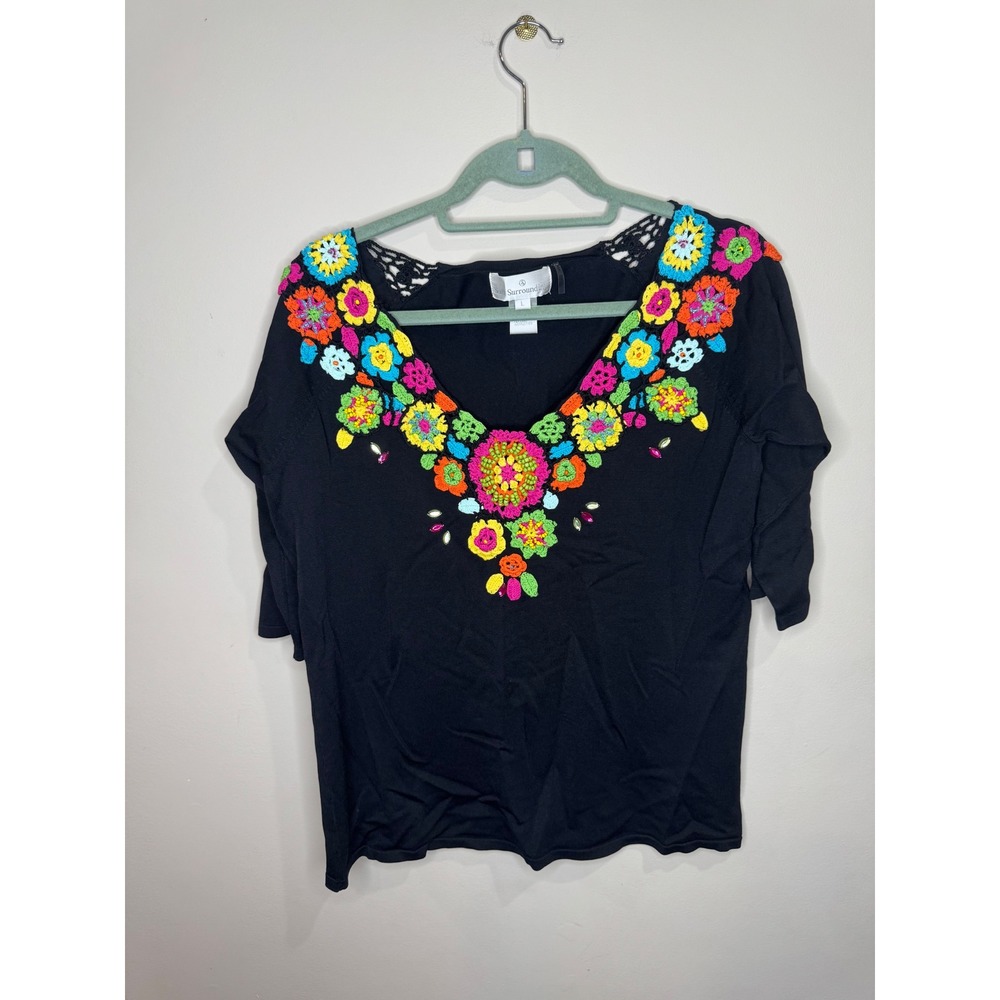 Vintage Soft Surroundings Floral Crochet Embroidered Beaded Top 3/4 sleeve Sz L